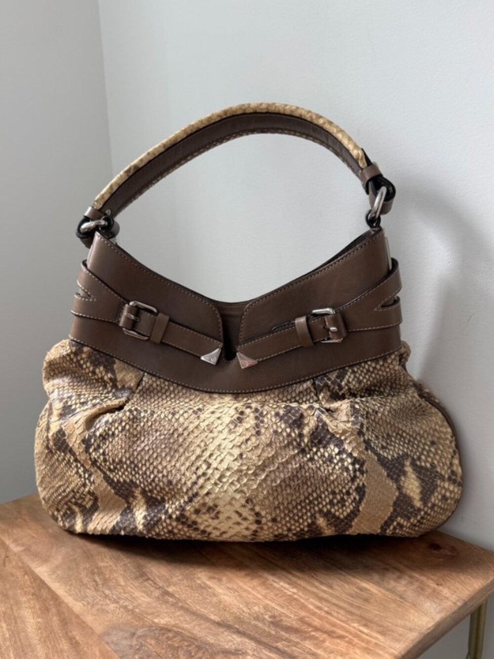 FRANCESCO BIASIA Vintage Python Snake Print Leather Hobo Satchel Bag Brown Beige